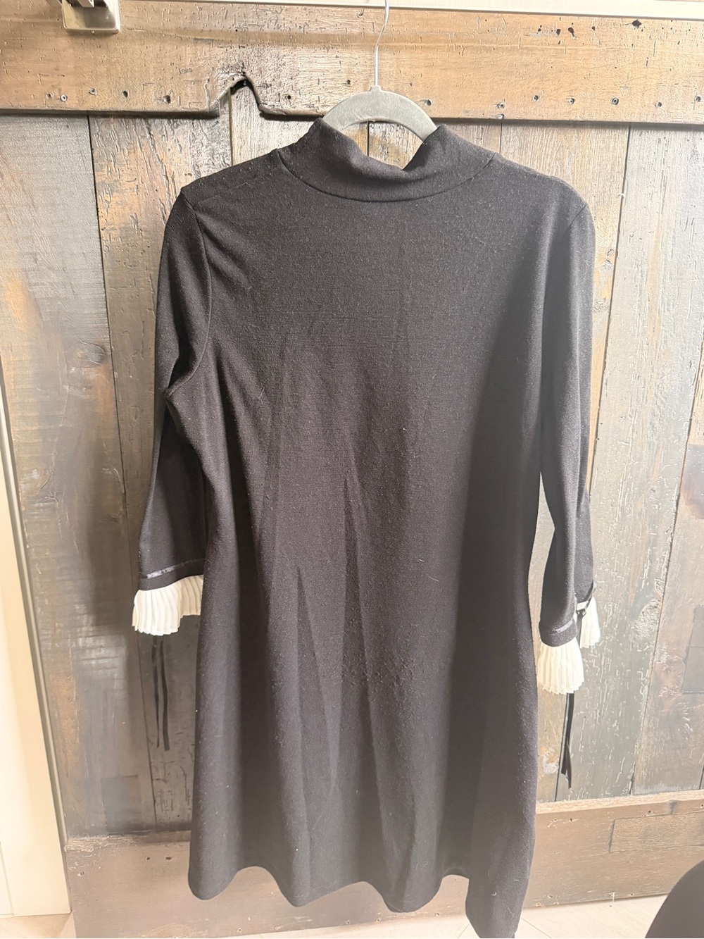 Elle Black Midi Dress with White Pleated Cuffs